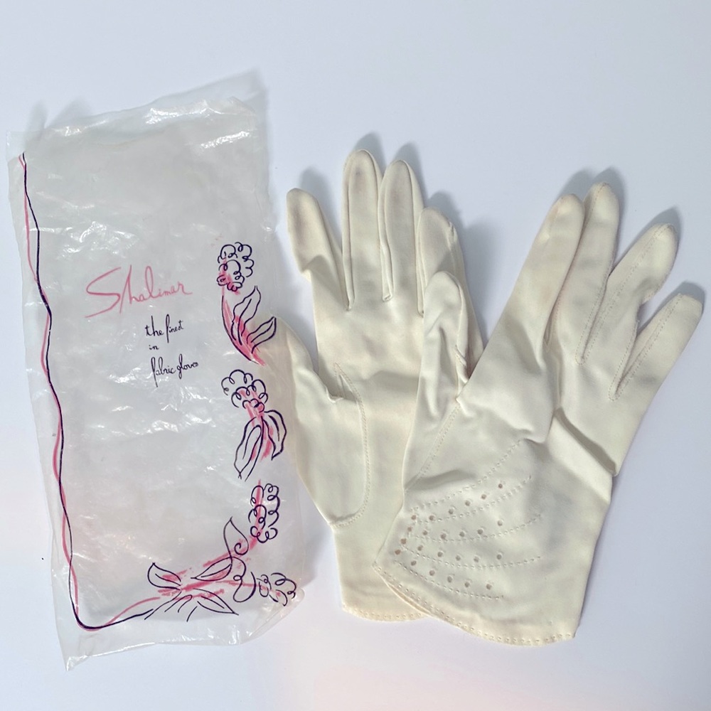 VINTAGE used 60s cream gloves Shalimar in original bag women mid century